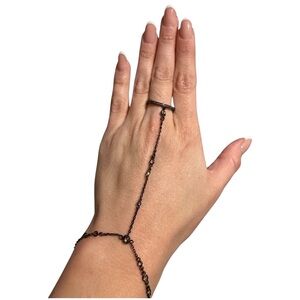 Henri Bendel Gunmetal Jeweled Hand Chain Bracelet Ring
